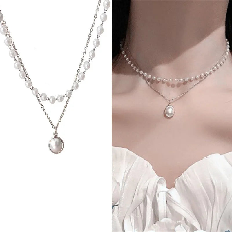 New Korean Pearl Necklaces for Women Gold Color Link Chain Choker Fashion