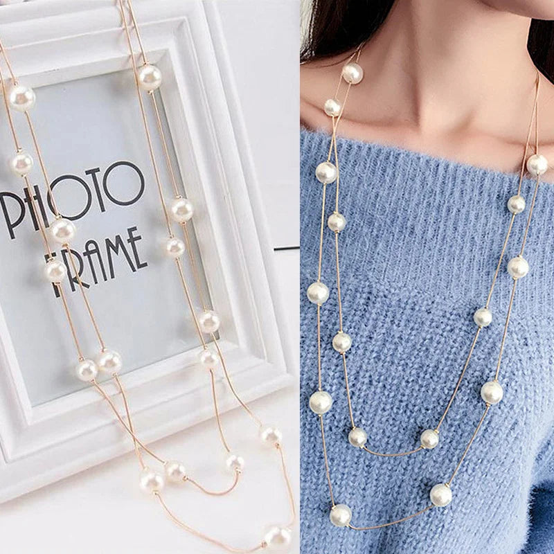 New Korean Pearl Necklaces for Women Gold Color Link Chain Choker Fashion