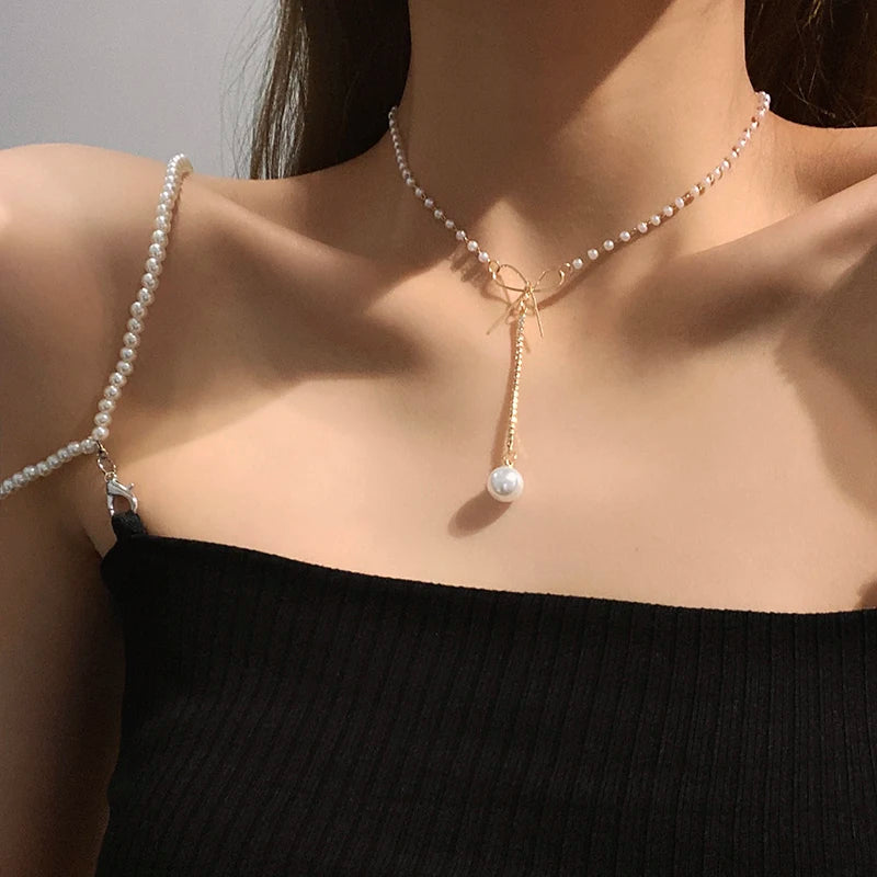 New Korean Pearl Necklaces for Women Gold Color Link Chain Choker Fashion