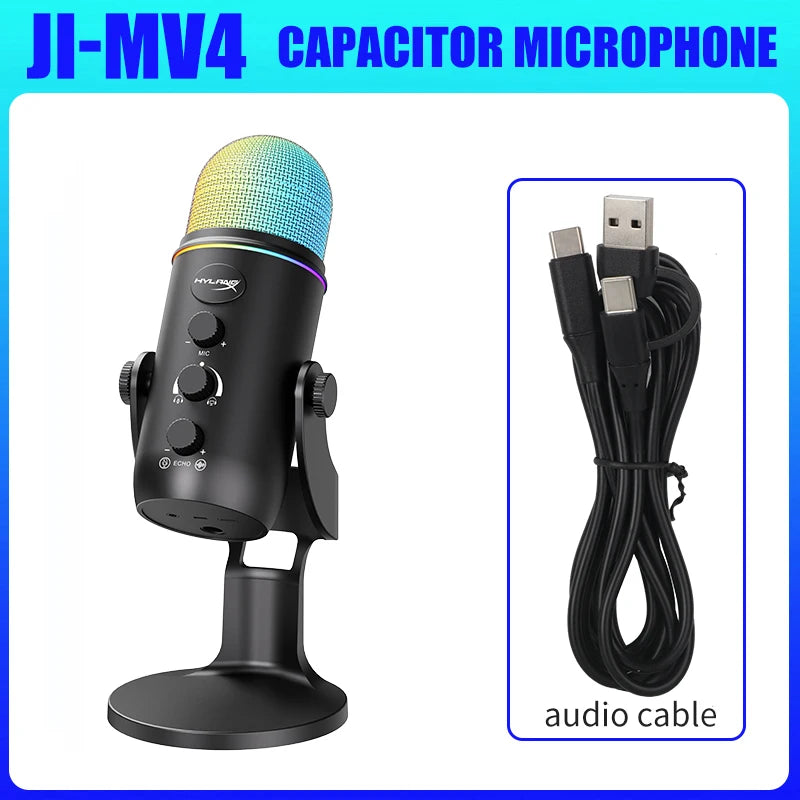 RAYHAYES JI-MV4 Condenser Microphone Podcast Mic Dynamic Mic USB Mic for Live Streaming Podcasting