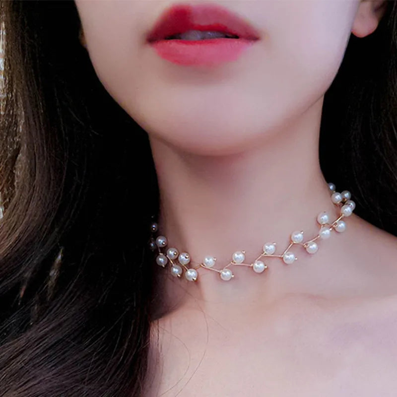 New Korean Pearl Necklaces for Women Gold Color Link Chain Choker Fashion