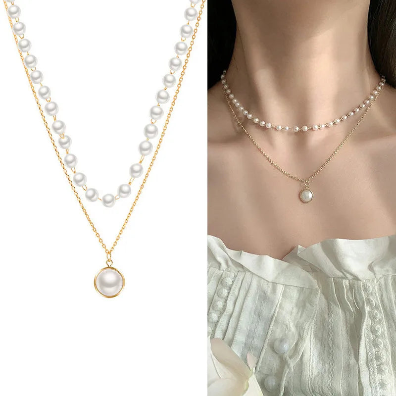 New Korean Pearl Necklaces for Women Gold Color Link Chain Choker Fashion