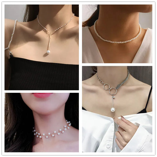 New Korean Pearl Necklaces for Women Gold Color Link Chain Choker Fashion