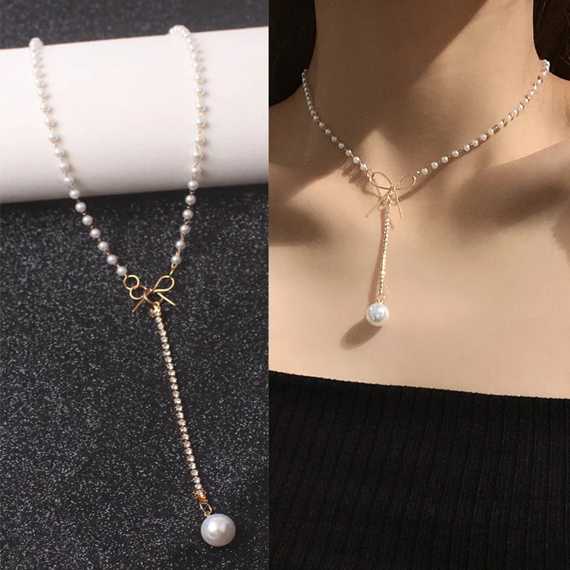 New Korean Pearl Necklaces for Women Gold Color Link Chain Choker Fashion