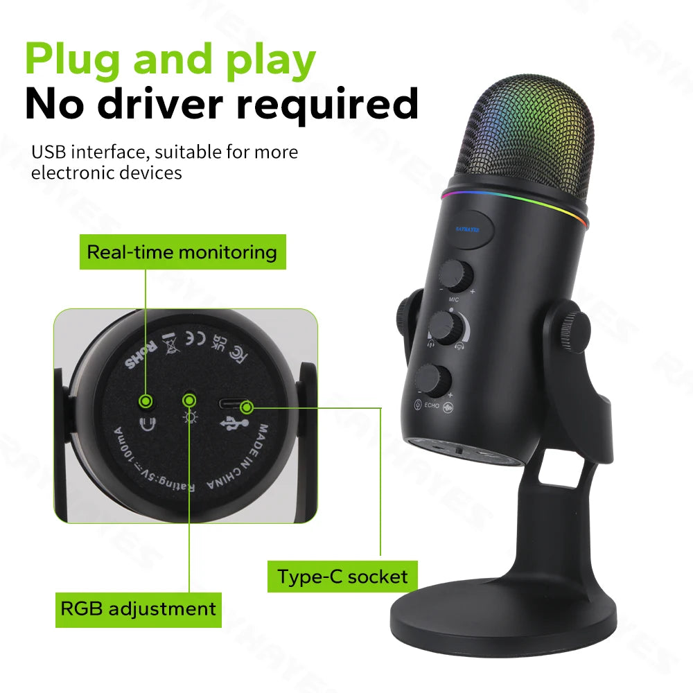 RAYHAYES JI-MV4 Condenser Microphone Podcast Mic Dynamic Mic USB Mic for Live Streaming Podcasting