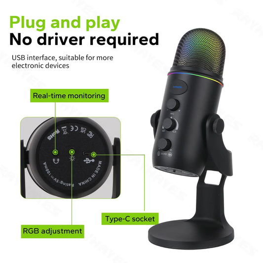 RAYHAYES JI-MV4 Condenser Microphone Podcast Mic Dynamic Mic USB Mic for Live Streaming Podcasting