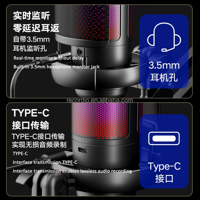 GAM-ME6S+ Wholesale Hot Sale Podcast Condenser Microphone RGB Lighting Desktop Gaming Mic