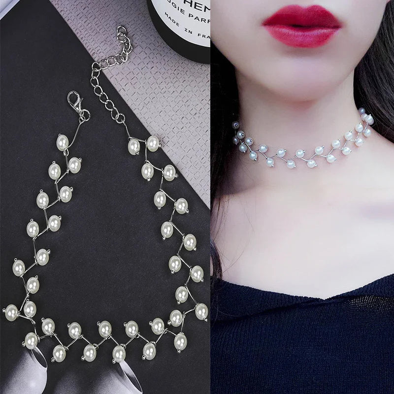 New Korean Pearl Necklaces for Women Gold Color Link Chain Choker Fashion