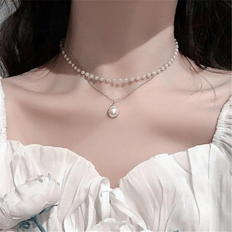 New Korean Pearl Necklaces for Women Gold Color Link Chain Choker Fashion