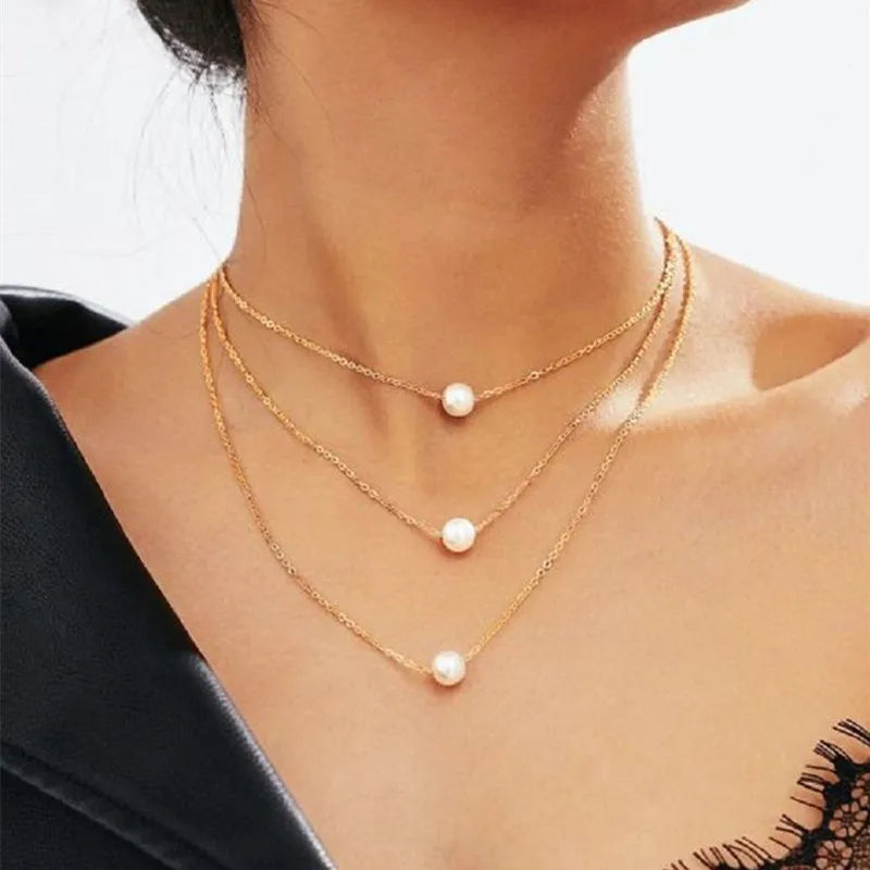 New Korean Pearl Necklaces for Women Gold Color Link Chain Choker Fashion