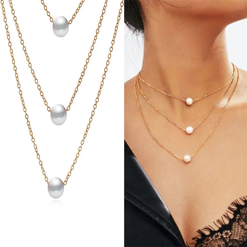 New Korean Pearl Necklaces for Women Gold Color Link Chain Choker Fashion