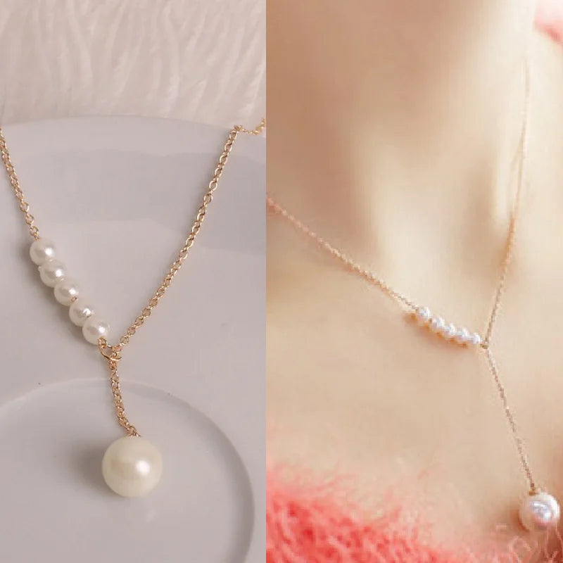 New Korean Pearl Necklaces for Women Gold Color Link Chain Choker Fashion