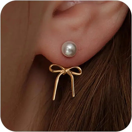 Pearl Earrings for Women Trendy 14K Gold Plated/Silver Bow Pearl for Teen Girls