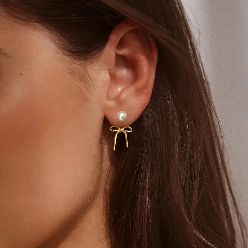 Pearl Earrings for Women Trendy 14K Gold Plated/Silver Bow Pearl for Teen Girls