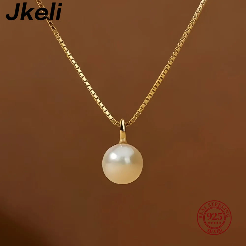 Jkeli S925 Sterling Silver Pearl Necklace Elegantly Simple Lockbone Chain