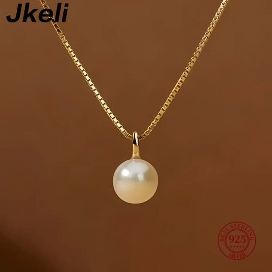 Jkeli S925 Sterling Silver Pearl Necklace Elegantly Simple Lockbone Chain