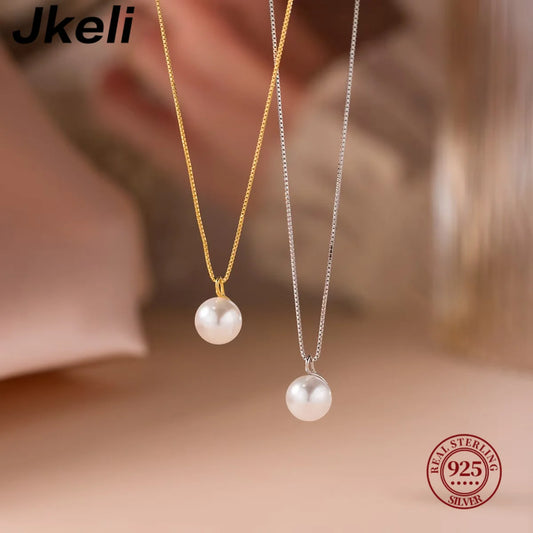 Jkeli S925 Sterling Silver Pearl Necklace Elegantly Simple Lockbone Chain
