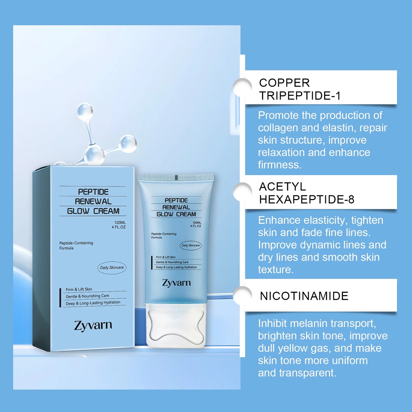 Peptide skincare cream, gently moisturizing, keeps skin hydrated, daily skincare cream