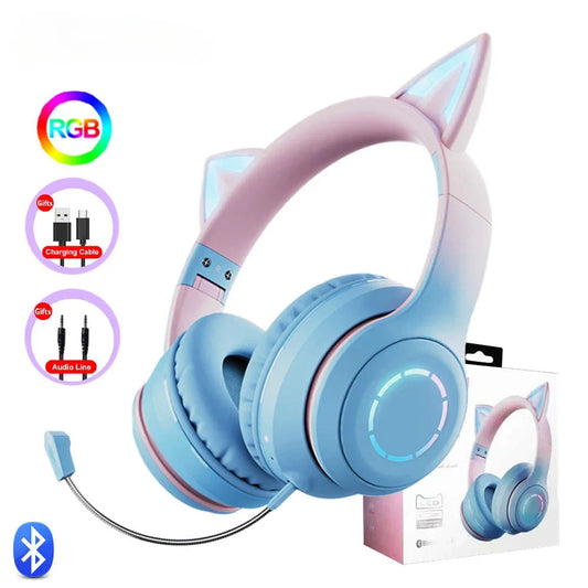 RGB Headset Gamer Girl Wireless Bluetooth Earphone With Microphone Cat Ear Gaming Earphones