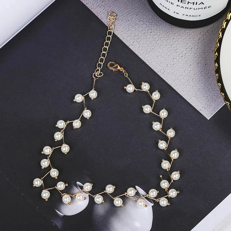 New Korean Pearl Necklaces for Women Gold Color Link Chain Choker Fashion