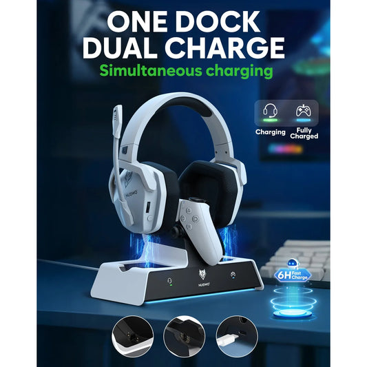 NUBWO G06 Wireless Headsets Gamer with Charging Station for Headset and PS5 Controller Long Battery Life