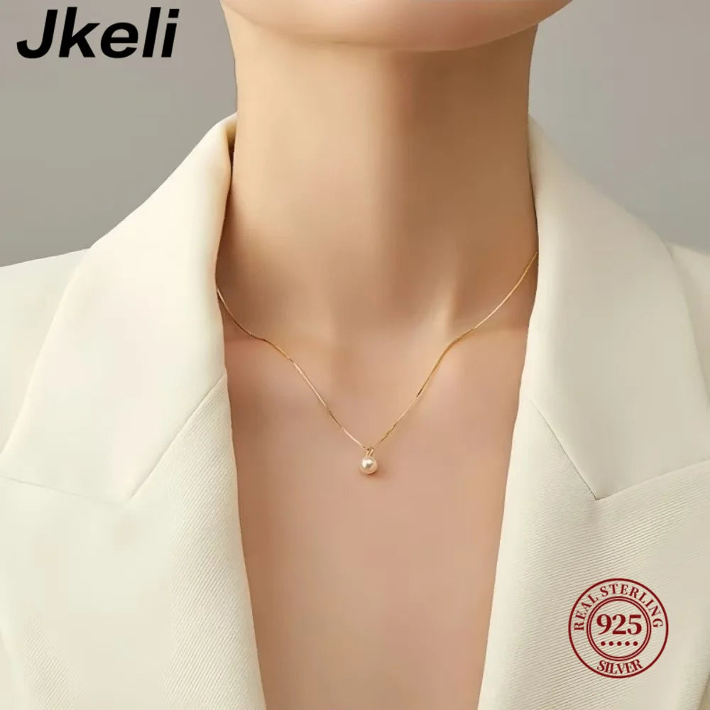 Jkeli S925 Sterling Silver Pearl Necklace Elegantly Simple Lockbone Chain