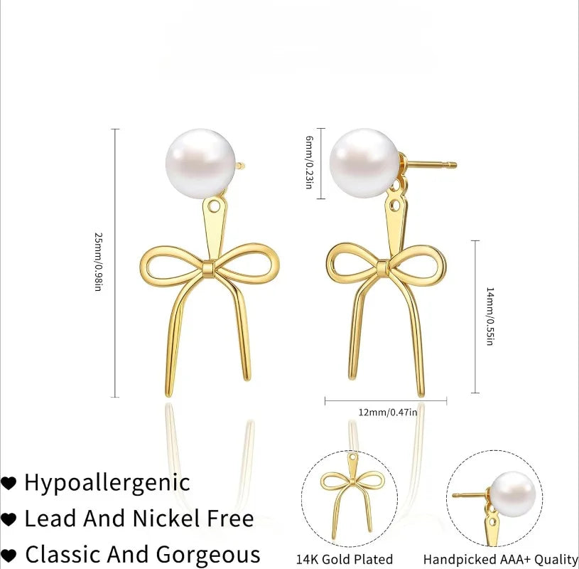 Pearl Earrings for Women Trendy 14K Gold Plated/Silver Bow Pearl for Teen Girls
