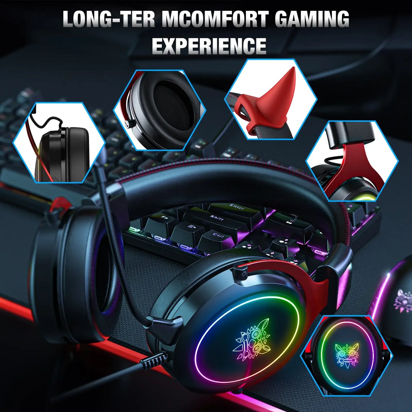 ONIKUMA X10 Gaming Headset with Cow Horn Wired Headphone RGB Light HD Mic Gaming Headset Gamer Surround Computer Earphones