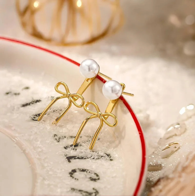 Pearl Earrings for Women Trendy 14K Gold Plated/Silver Bow Pearl for Teen Girls