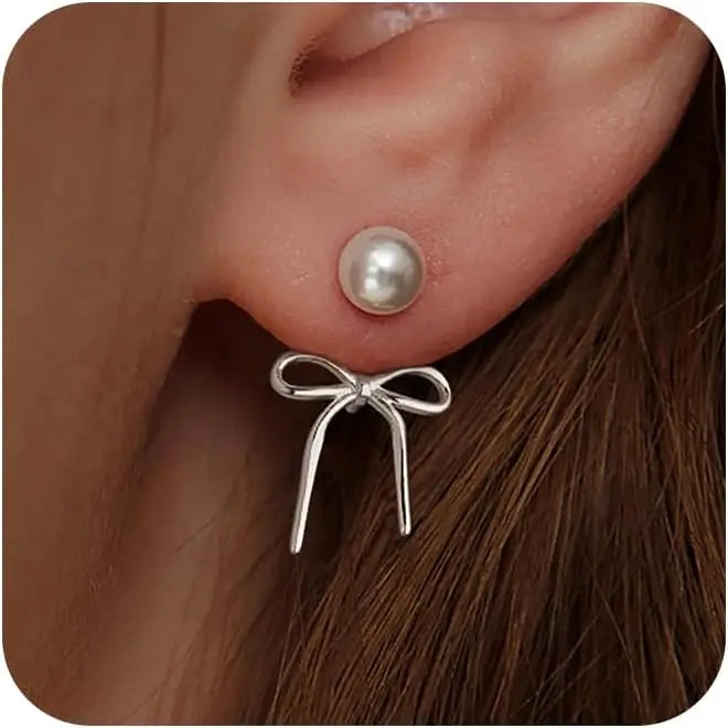 Pearl Earrings for Women Trendy 14K Gold Plated/Silver Bow Pearl for Teen Girls